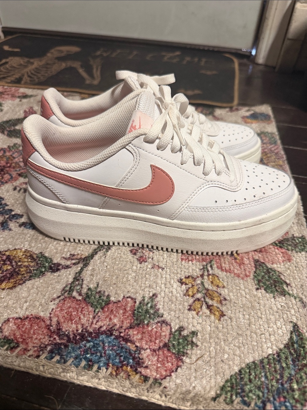 Nike Women's White Sneakers with Pink Swoosh